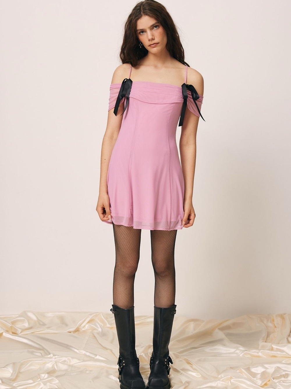 Kimchi Blue Pink Off-Shoulder Mini Dress with Black Ribbon Bows